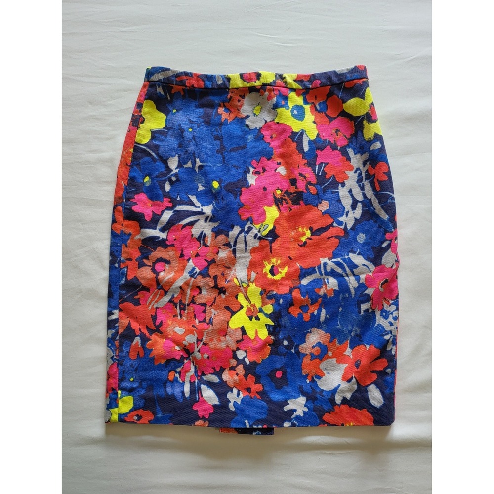 Ann Taylor Loft Women 2 Floral Pencil Skirt Blue Pink Yellow Knee Length Cotton